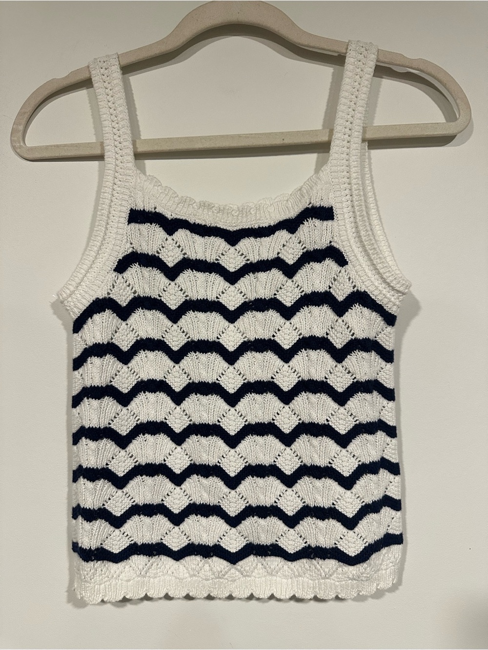 NWT J Crew Striped Squareneck Crochet Knit Tank Top SZ XXS Navy White Womens